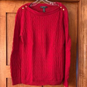 Lauren Ralph Lauren Red Cable-Knit Off-Shoulder Sweater with Gold Buttons